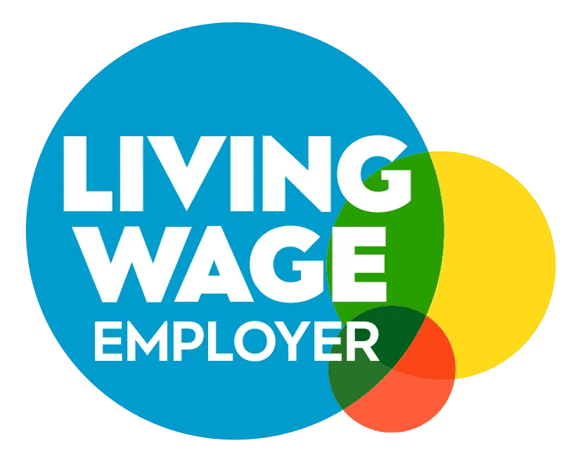 Living wage employer logo with overlapping colorful circles for community support and fair work practices.