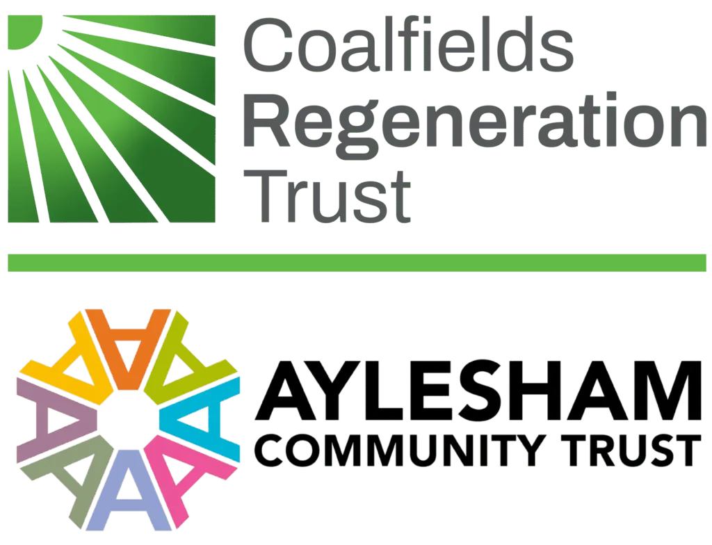 A combined image showing the Coalfields Regeneration Trust (CRT) and Aylesham Community Trust (ACT) logos together. The CRT logo sits above the ACT logo with a thick, bright green horizontal line separating the two logos.